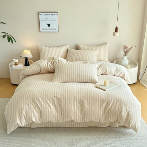 PinkMemory Beige Striped Duvet Cover Set King