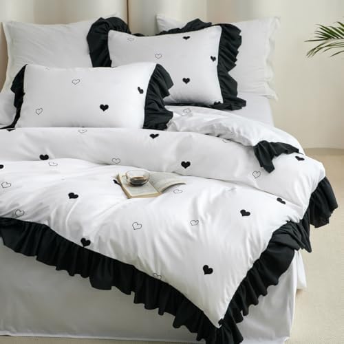 Jolusere Black White Heart-Shaped Duvet Cover Set Queen