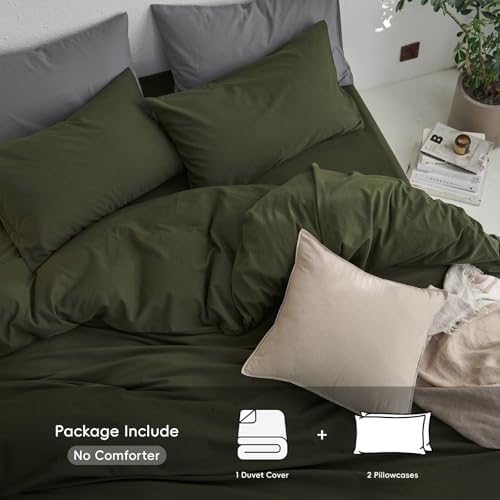 MooMee King Duvet Cover Set - Olive Green 100 Washed Cotton 3 Pieces