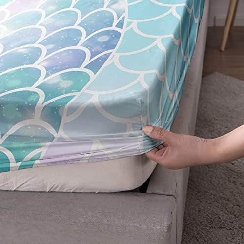 Datura Home 4Pcs Kids Rainbow Scales Mermaid Sheet Set for Boys Girls