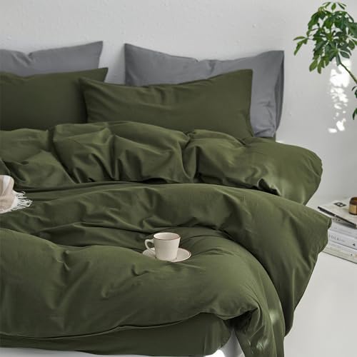 MooMee King Duvet Cover Set - Olive Green 100 Washed Cotton 3 Pieces