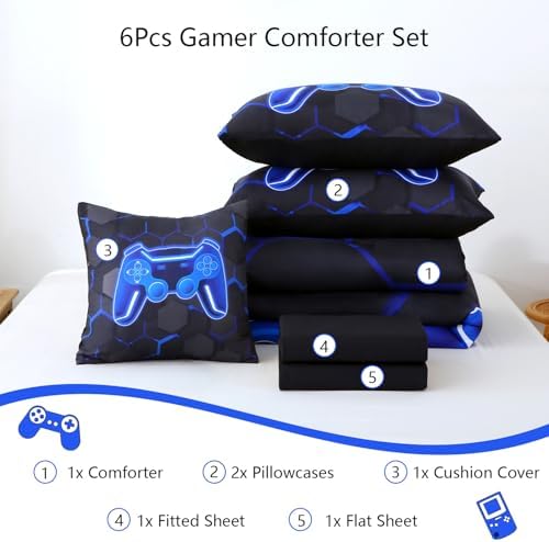 BYHOFMLY Blue Gamer Comforter Set - 6Pcs Kids Twin Bedding