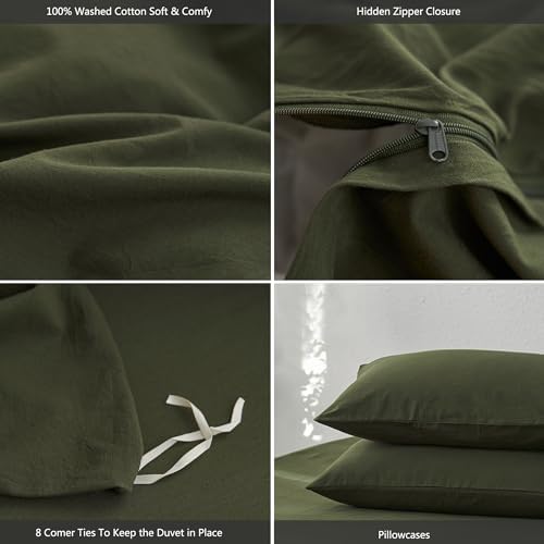 MooMee King Duvet Cover Set - Olive Green 100 Washed Cotton 3 Pieces