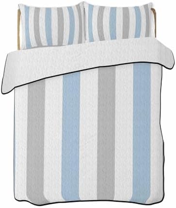 Stongaro Twin XL Quilt Light Blue Grey Stripe Comforter Set 3 pcs