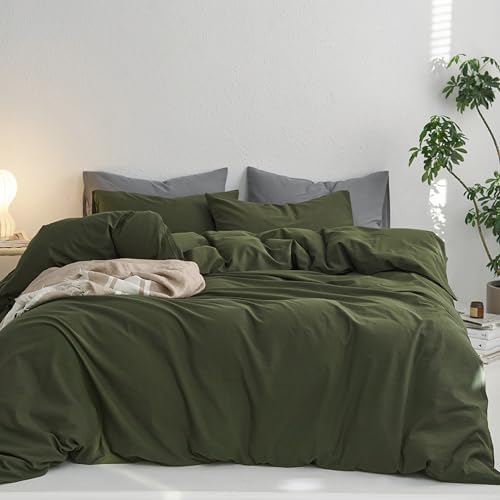 MooMee King Duvet Cover Set - Olive Green 100 Washed Cotton 3 Pieces