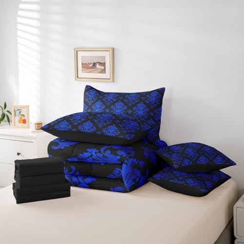 Erosebridal Blue Damask 7 Piece Comforter Set