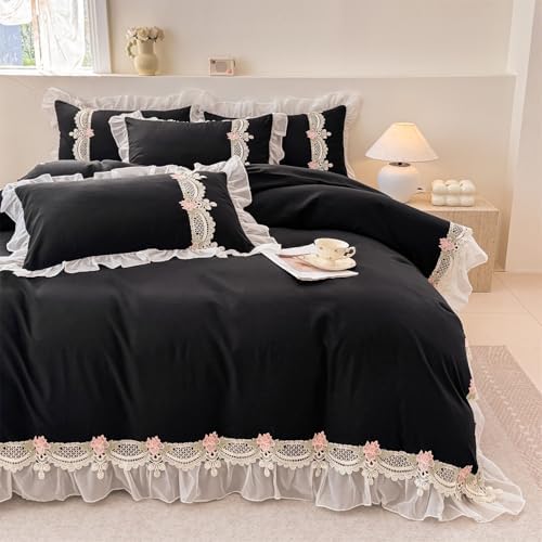 MOOWOO Flower Lace Ruffled Duvet Set - Sweet Girl Chiffon 3PC