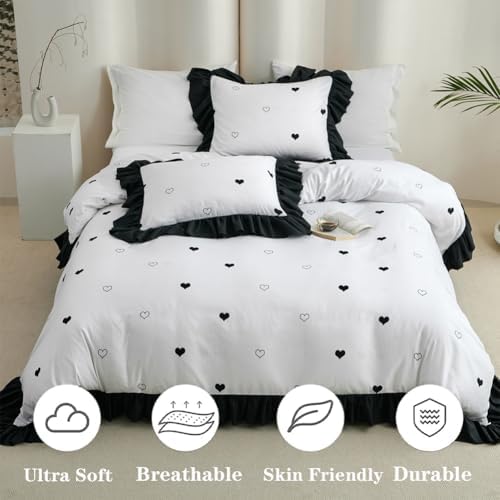 Jolusere Black White Heart-Shaped Duvet Cover Set Queen