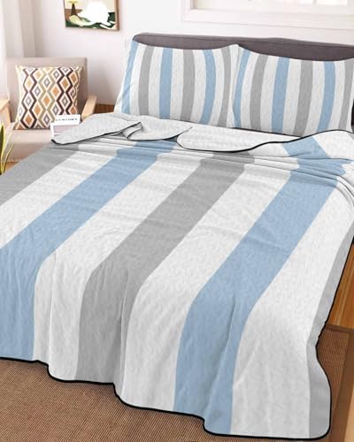 Stongaro Twin XL Quilt Light Blue Grey Stripe Comforter Set 3 pcs