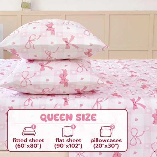 Homilay Queen Sheets Set Kids - 4 Piece Pink Bow Sheets 1