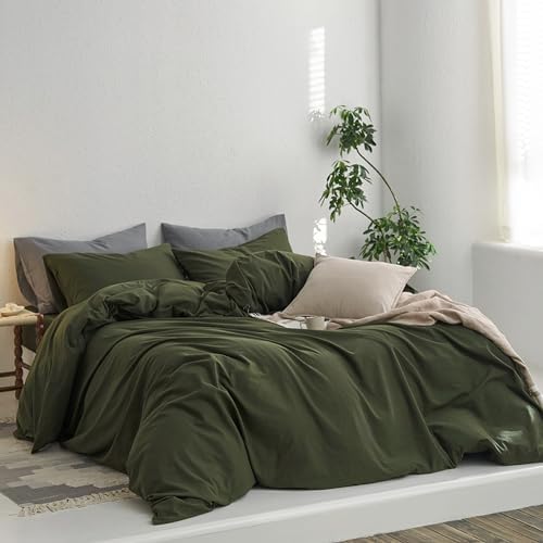 MooMee King Duvet Cover Set - Olive Green 100 Washed Cotton 3 Pieces