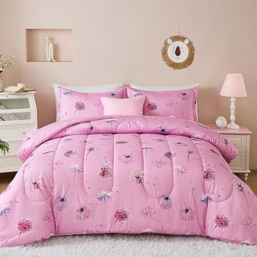 WONGS BEDDING Full Size Comforter Set with Pink Dandelion Pattern