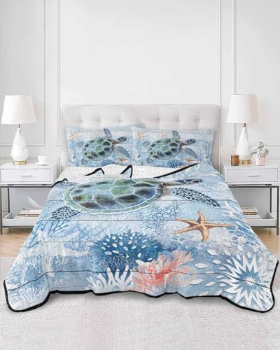 Stongaro Twin XL Quilt Coastal Ocean Turtle Comforter Set 3 Pieces