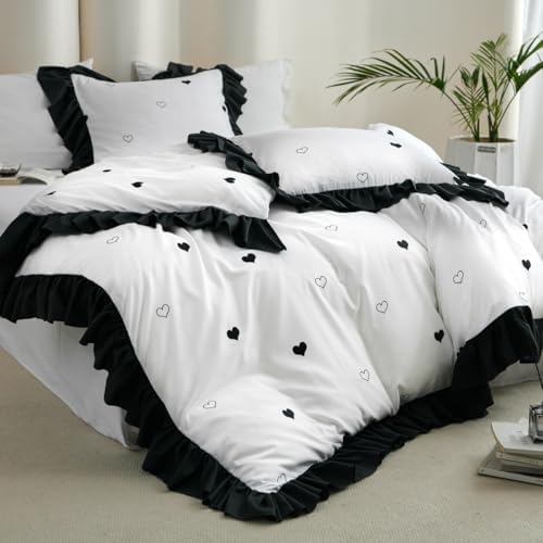 Jolusere Black White Heart-Shaped Duvet Cover Set Queen