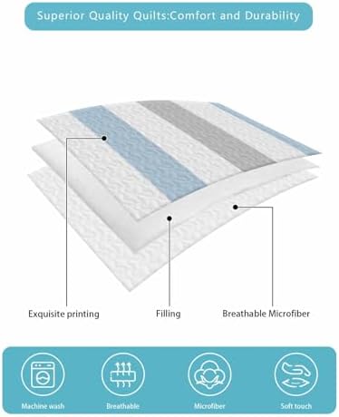 Stongaro Twin XL Quilt Light Blue Grey Stripe Comforter Set 3 pcs