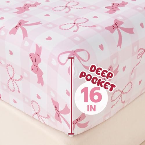 Homilay Queen Sheets Set Kids - 4 Piece Pink Bow Sheets 1