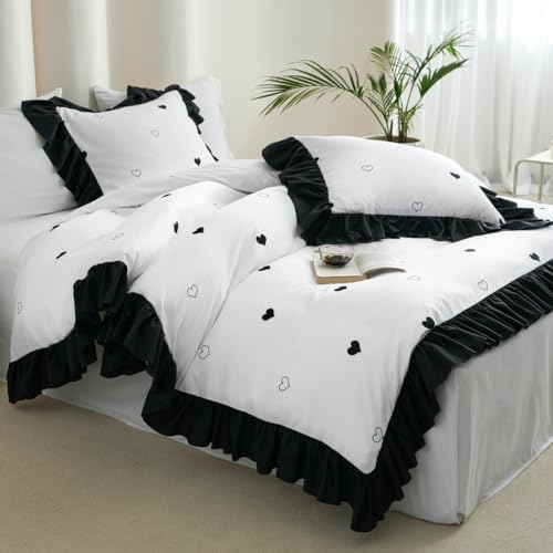 Jolusere Black White Heart-Shaped Duvet Cover Set Queen