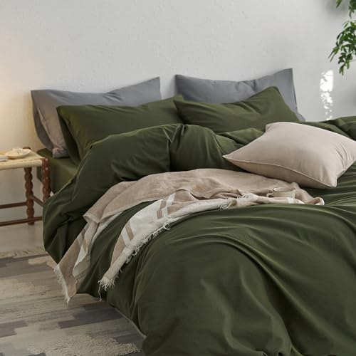 MooMee King Duvet Cover Set - Olive Green 100 Washed Cotton 3 Pieces