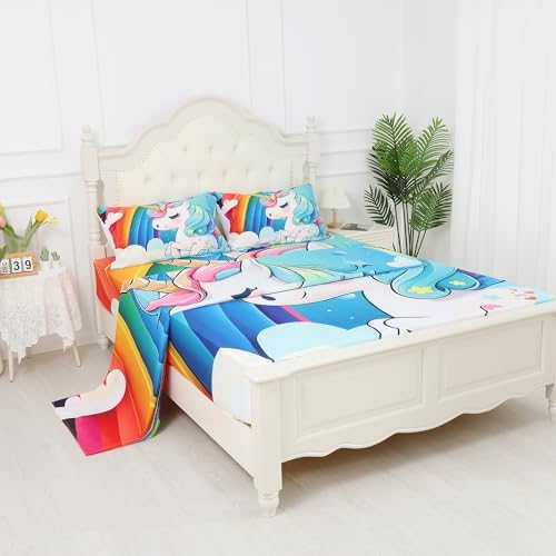 FUYEUN Unicorn Fitted Sheet Set Queen Size 4PCs