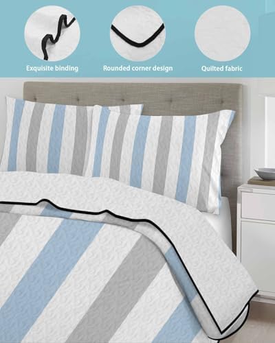 Stongaro Twin XL Quilt Light Blue Grey Stripe Comforter Set 3 pcs
