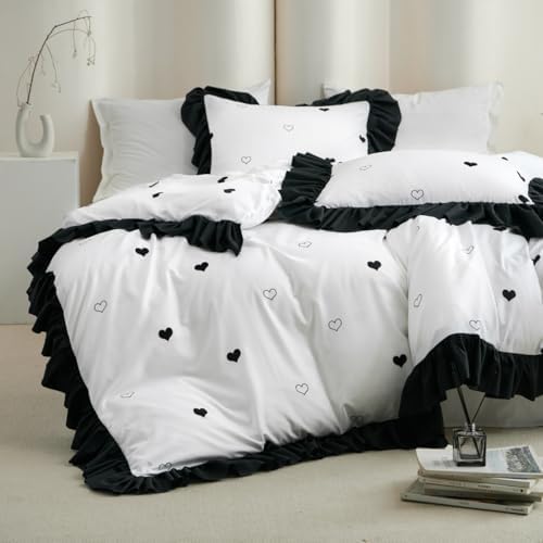 Jolusere Black White Heart-Shaped Duvet Cover Set Queen