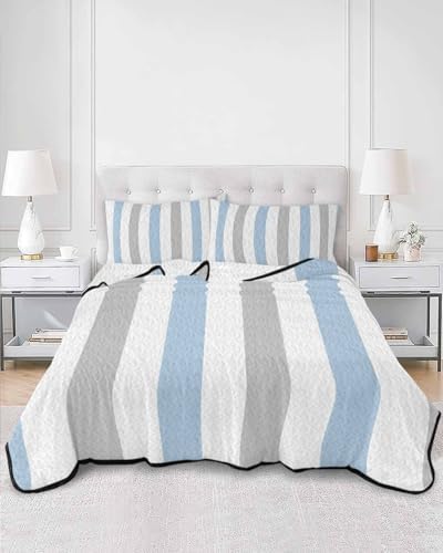 Stongaro Twin XL Quilt Light Blue Grey Stripe Comforter Set 3 pcs