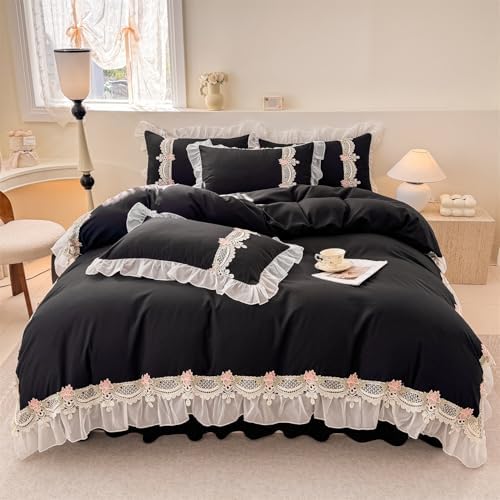 MOOWOO Flower Lace Ruffled Duvet Set - Sweet Girl Chiffon 3PC