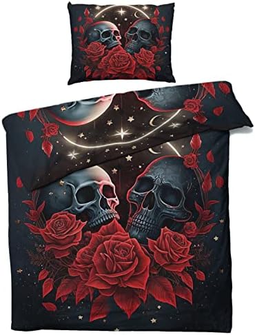 Cal King Duvet Cover Set with Rose Skull Design