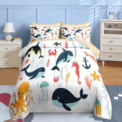 Nesker 7 Pcs Comforter Set for Kids Ocean Animal Themed