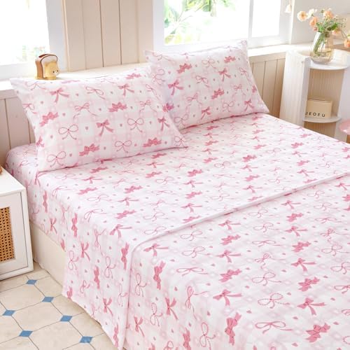 Homilay Queen Sheets Set Kids - 4 Piece Pink Bow Sheets 1