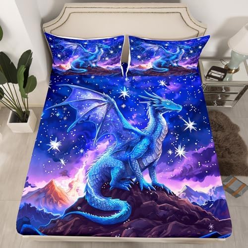 Homewish Dragon Fitted Sheet Set Full Size with 2 Pillowcases