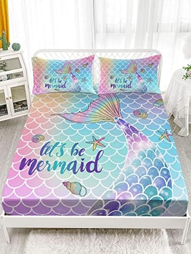 Datura Home 4Pcs Kids Rainbow Scales Mermaid Sheet Set for Boys Girls