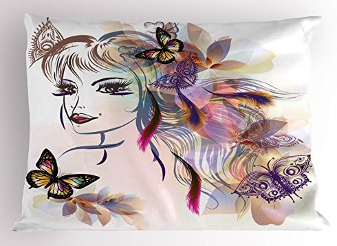 Ambesonne Tale Pillow Sham Girl Drawing Design with Butterflies