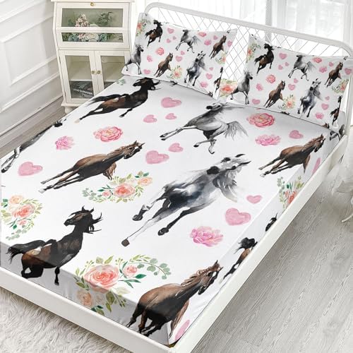 Kids Horses Flowers Sheet Set 4 Pcs Full Size