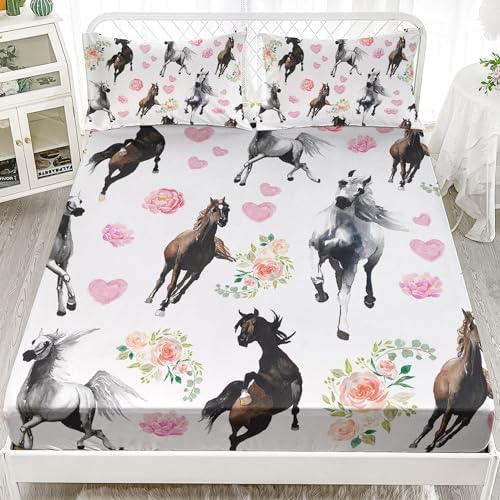 Kids Horses Flowers Sheet Set 4 Pcs Full Size