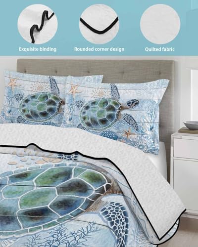 Stongaro Twin XL Quilt Coastal Ocean Turtle Comforter Set 3 Pieces
