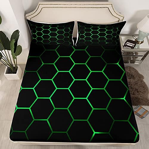 Feelyou Hexagonal Bedding Sheet Set Neon Green Black 3Pcs Full Size