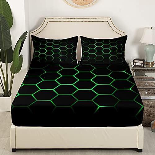 Feelyou Hexagonal Bedding Sheet Set Neon Green Black 3Pcs Full Size