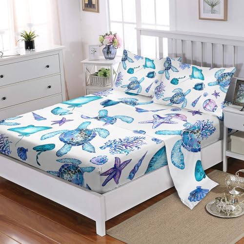 Blue Sea Turtle Sheet Set 4Pcs Twin Ocean Decor