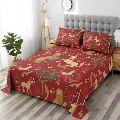 Pamnest Full Size Bed Sheet Set with Medieval Beige Lion Design