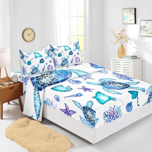 Blue Sea Turtle Sheet Set 4Pcs Twin Ocean Decor