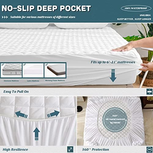 UNILIBRA Queen Mattress Protector Waterproof Deep Pocket with Breathable Hollow Cotton Filling