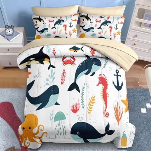 Nesker 7 Pcs Comforter Set for Kids Ocean Animal Themed