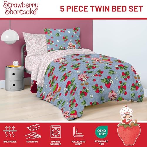 Jay Franco Kids Comforter Set - Strawberry Shortcake Blue 5 Piece Twin