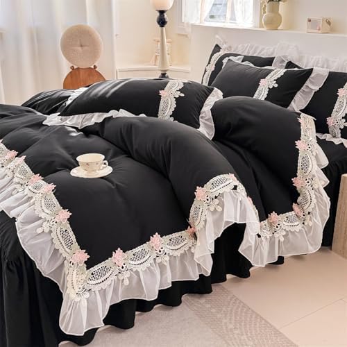 MOOWOO Flower Lace Ruffled Duvet Set - Sweet Girl Chiffon 3PC