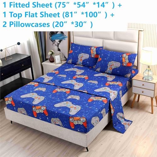 SDIII 4PCS Blue Gamer Sheets Set Full Size Microfiber