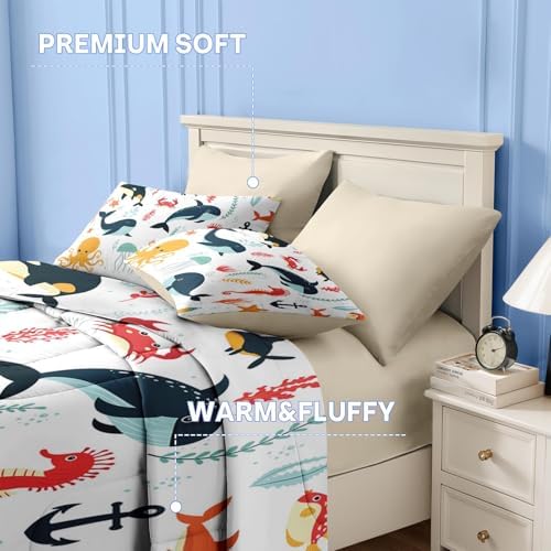 Nesker 7 Pcs Comforter Set for Kids Ocean Animal Themed