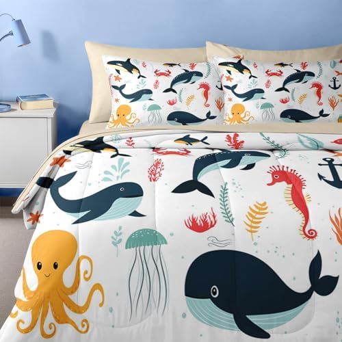 Nesker 7 Pcs Comforter Set for Kids Ocean Animal Themed