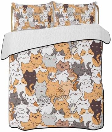 Stongaro Quilt Twin XL Cartoon Cat Comforter Set 3 Pieces