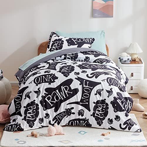 Sleep Zone Kids Duvet Cover Set Twin 2P - Black White Animals Soft Cozy